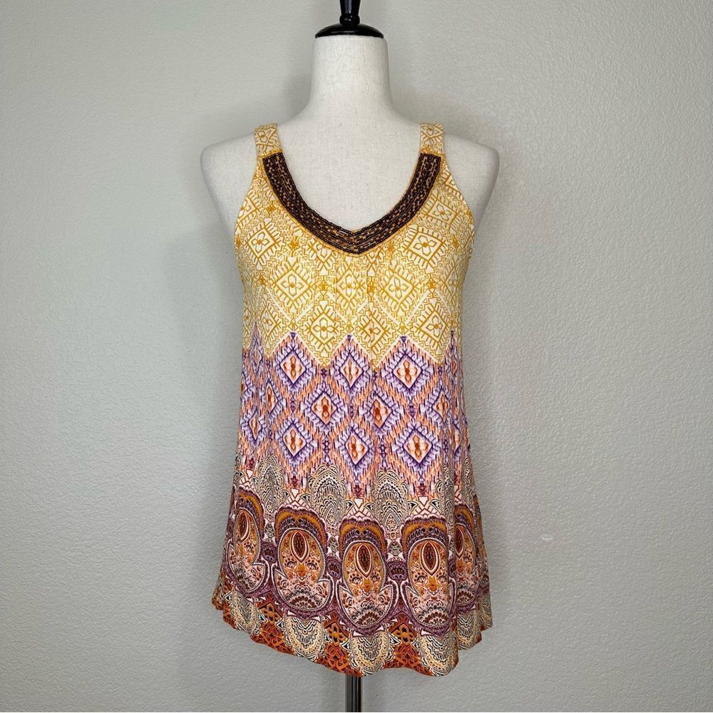 Apt. 9 Boho Geometric Print V-neck Beaded Tank Top, Sz Medium